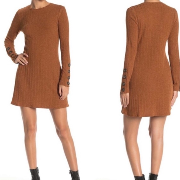Taylor & Sage Cognac Lightweight Stretch Ribbed Long Sleeve Knit Mini Dress NEW - Picture 1 of 7